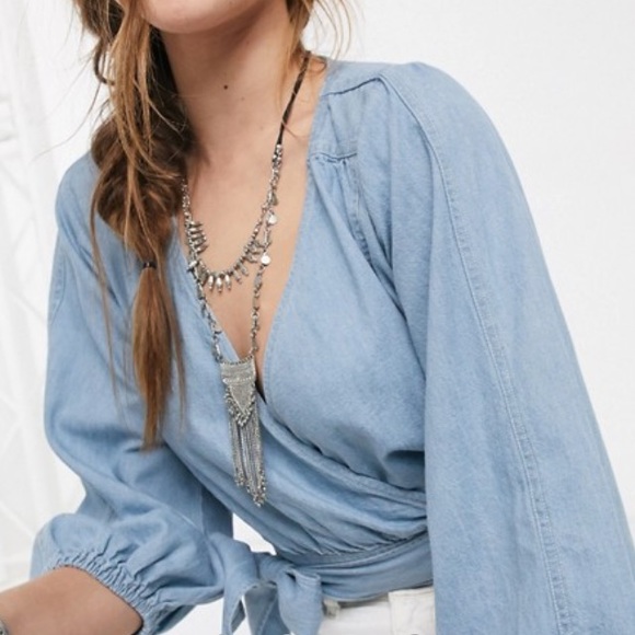 NWT Free People Sophie Denim Wrap Crop Top - Picture 3 of 6